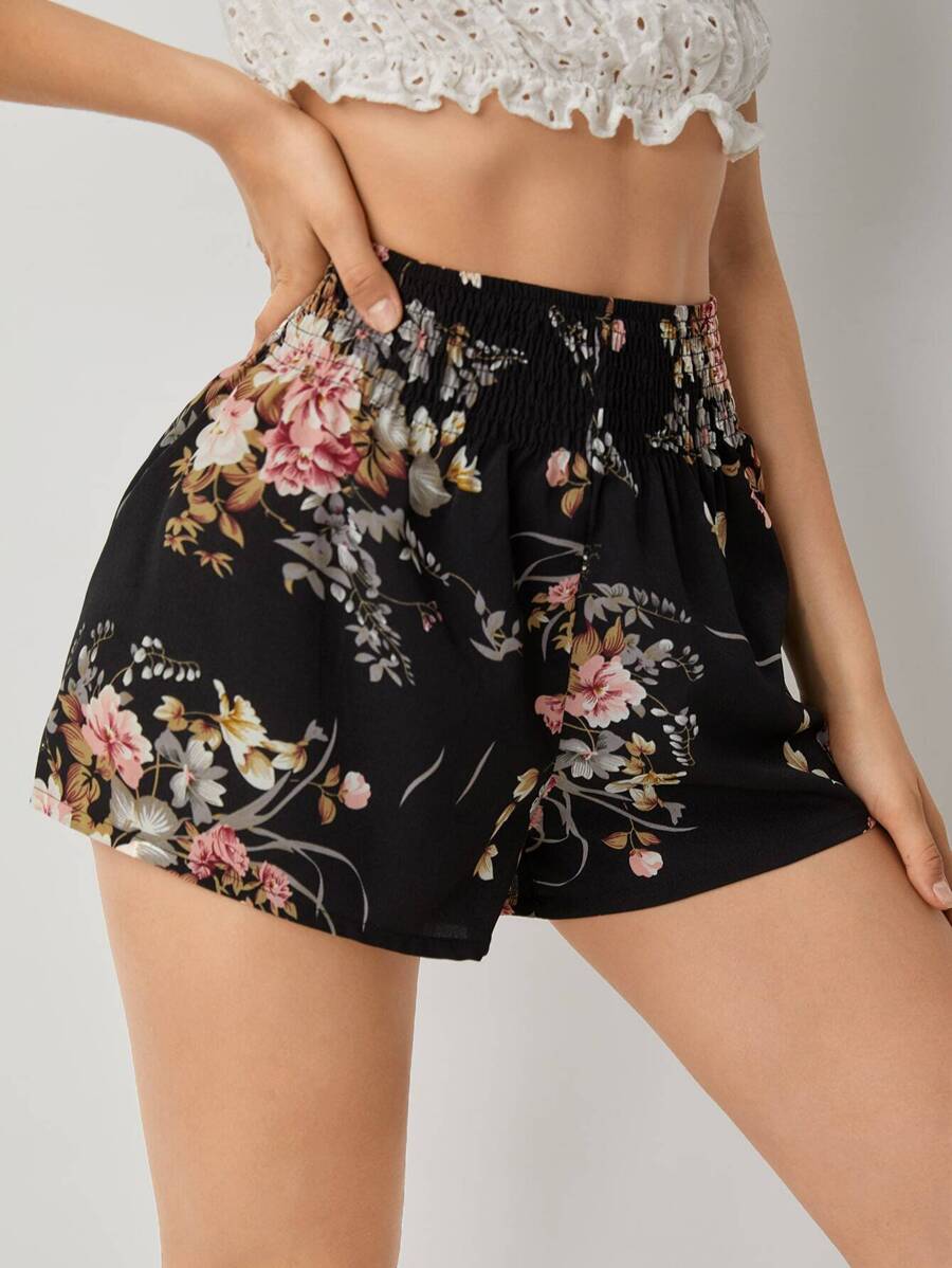 SHEIN VCAY Shirred Waist Floral Shorts - Multicolor - View 1