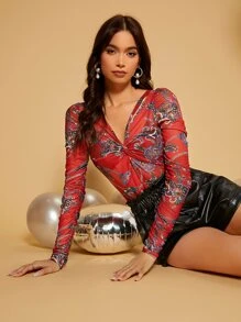 SHEIN Unity Paisley Print Twist Front Mesh Top - Multicolor - View 1