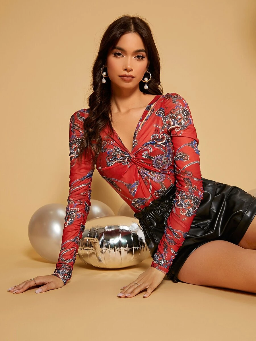 SHEIN Unity Paisley Print Twist Front Mesh Top - Multicolor - View 1