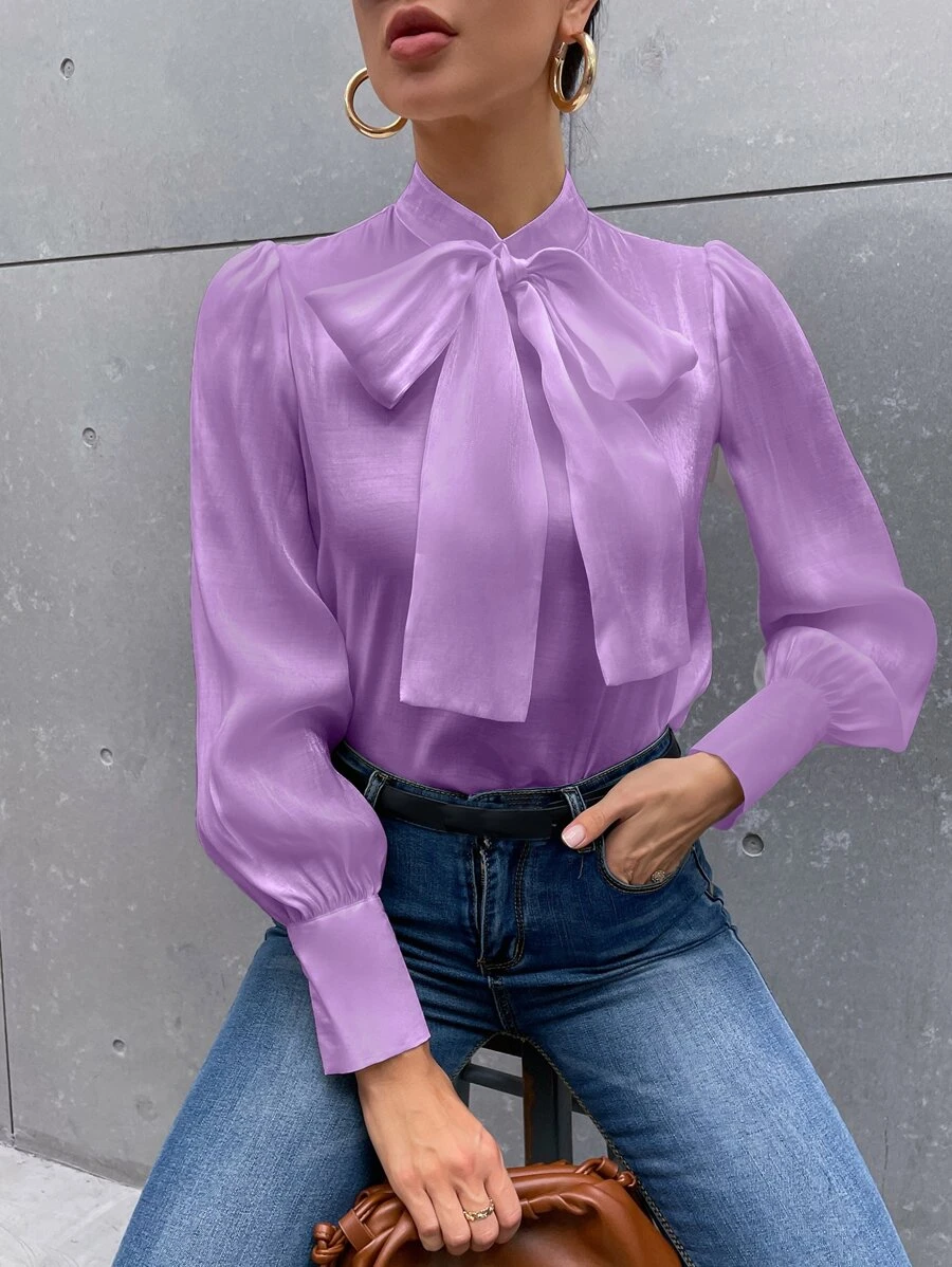 SHEIN Privé Áo sơ mi nữ Nút màu trơn Thanh lịch - Màu tím  Violet - Xem 1