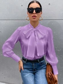 SHEIN Privé Áo sơ mi nữ Nút màu trơn Thanh lịch - Màu tím  Violet - Xem 5
