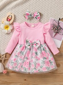 Baby Floral Print Ruffle Trim Mesh Overlay Dress With Headband - Baby Pink - View 1