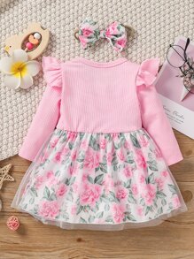 Baby Floral Print Ruffle Trim Mesh Overlay Dress With Headband - Baby Pink - View 2