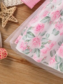 Baby Floral Print Ruffle Trim Mesh Overlay Dress With Headband - Baby Pink - View 3