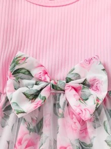 Baby Floral Print Ruffle Trim Mesh Overlay Dress With Headband - Baby Pink - View 4