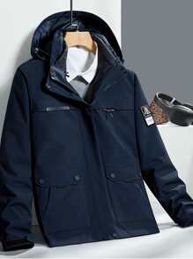 Boyfriend Style Men 1pc Letter Graphic Patch Detail Hooded Sports Jacket - Navy Blue - View 1