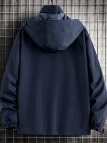 Boyfriend Style Men 1pc Letter Graphic Patch Detail Hooded Sports Jacket - Navy Blue - View 2