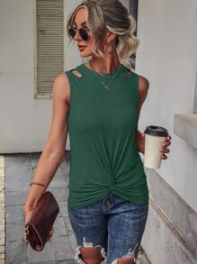 SHEIN Unity Cut Out Twist Hem Tank Top - Dark Green - View 4