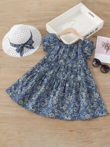 SHEIN Toddler Girls Floral Print Puff Sleeve Ruffle Hem Dress With Hat - Multicolor - View 1