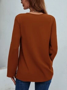 SHEIN LUNE 半拉鏈捲邊袖襯衫 - 棕色 - 查看 2