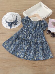 SHEIN Toddler Girls Floral Print Puff Sleeve Ruffle Hem Dress With Hat - Multicolor - View 2