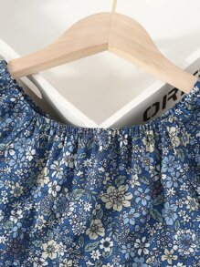 SHEIN Toddler Girls Floral Print Puff Sleeve Ruffle Hem Dress With Hat - Multicolor - View 3