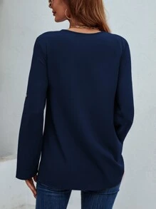SHEIN LUNE Half Zipper Roll Tab Sleeve Blouse - Navy Blue - View 2