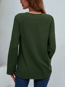 SHEIN LUNE 半拉鏈捲邊袖襯衫 - 軍綠色 - 查看 2
