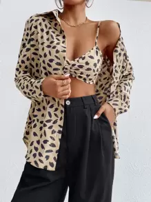SHEIN con estampado Blusa & fruncido Top de tirantes - Caqui - Ver 6