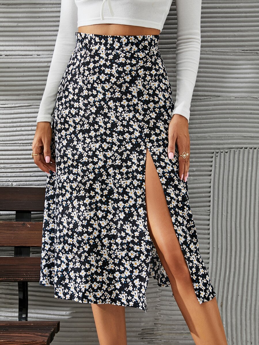 SHEIN Frenchy 高腰小碎花高衩半身裙