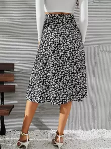 SHEIN Frenchy 高腰小碎花高衩半身裙