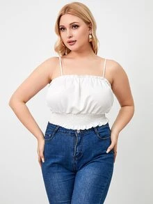 Áo hai dây Plus Size viền lá sen Dải chun màu trơn Gợi cảm - trắng - Xem 3