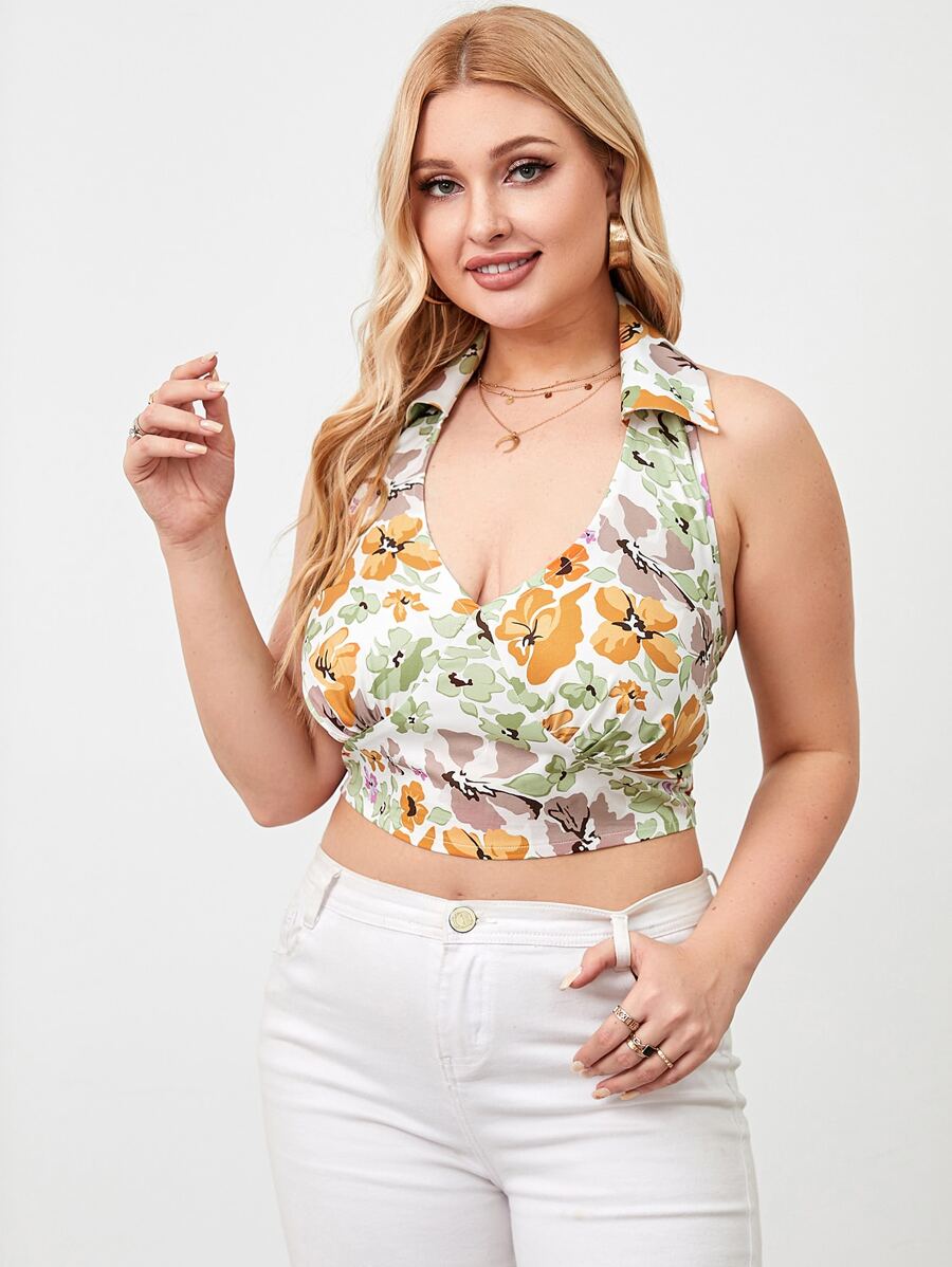 SHEIN Unity 大碼印花露背掛脖上衣 - 彩色 - 查看 1