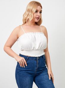 Áo hai dây Plus Size viền lá sen Dải chun màu trơn Gợi cảm - trắng - Xem 1