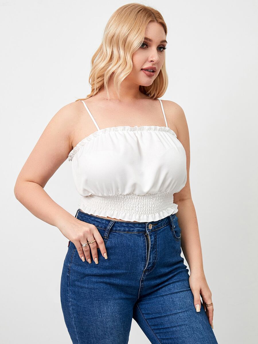 Áo hai dây Plus Size viền lá sen Dải chun màu trơn Gợi cảm - trắng - Xem 1