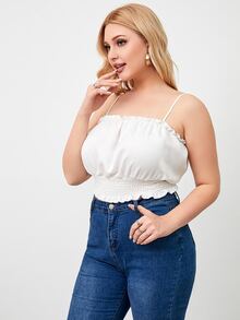Áo hai dây Plus Size viền lá sen Dải chun màu trơn Gợi cảm - trắng - Xem 5