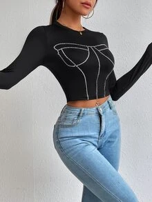 Áo thun nữ Pha lê kim cương Đồ họa Giải trí - màu đen - Xem 3