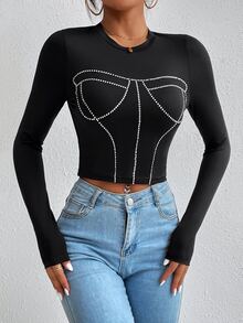 Áo thun nữ Pha lê kim cương Đồ họa Giải trí - màu đen - Xem 4