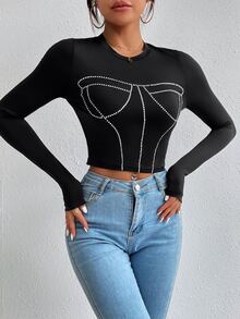 Áo thun nữ Pha lê kim cương Đồ họa Giải trí - màu đen - Xem 5