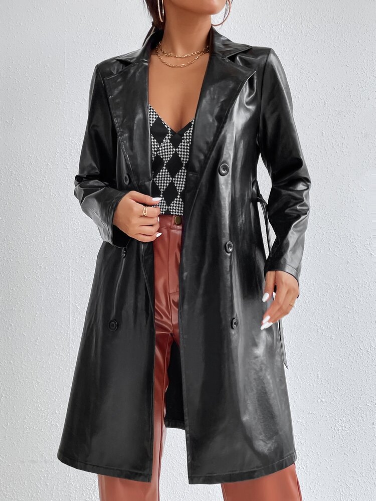 ダブルブレスト ベルト PUレザー トレンチコート | SHEIN JAPAN