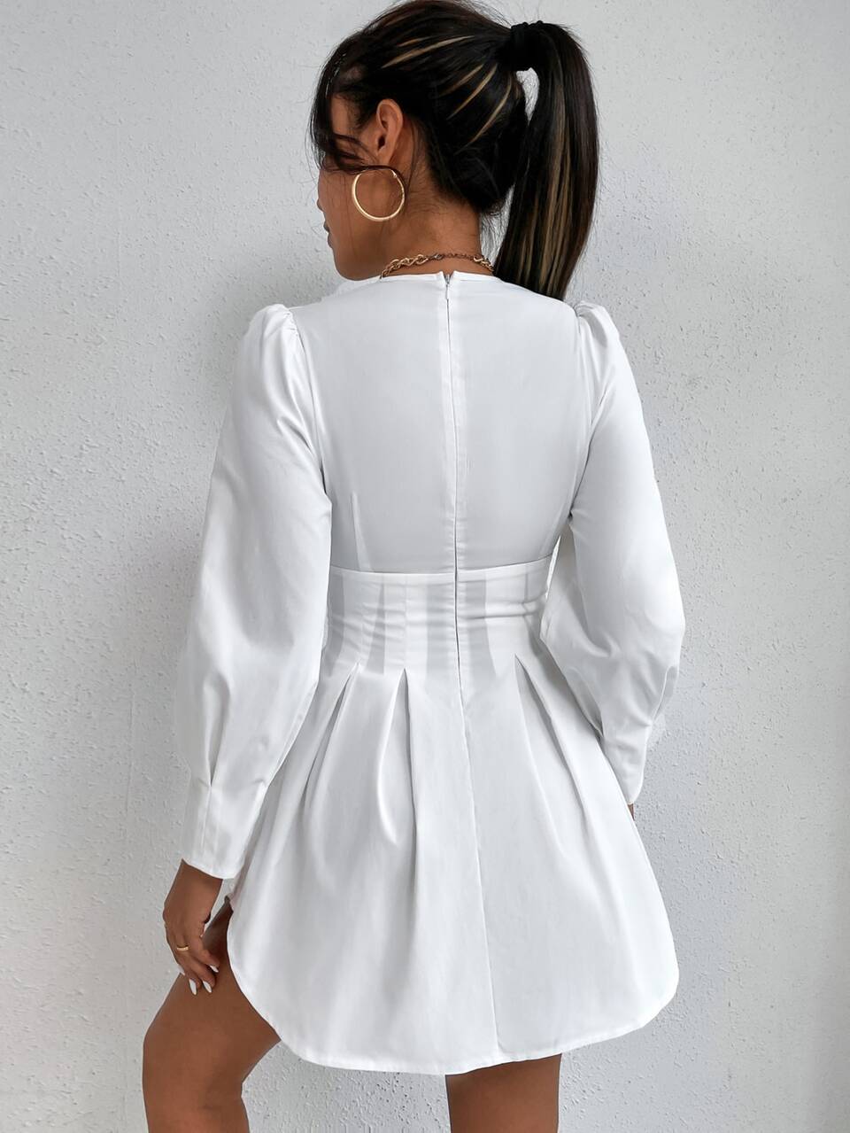 Plunging Neck Bishop Sleeve Fold Pleated Spring Women Dress,Summer Dresses For Women,Tea Party Dress,White Graduation Dress ,Petite Women