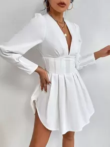 SHEIN PETITE 深V領燈籠袖褶皺連衣裙 - 白色 - 查看 5