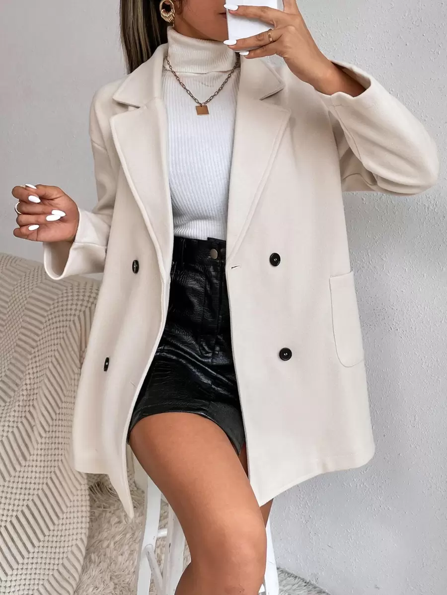SHEIN PETITE Drop Shoulder Double Breasted Pocket Patched Overcoat - Beige - View 1