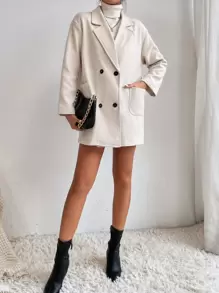 SHEIN PETITE Drop Shoulder Double Breasted Pocket Patched Overcoat - Beige - View 3