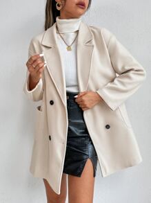 SHEIN PETITE Drop Shoulder Double Breasted Pocket Patched Overcoat - Beige - View 5