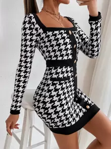SHEIN PETITE Houndstooth Square Neck Fake Button Bodycon Dress Houndstooth Dressblack White Dresssexy Winter Dresscheckered Dress,Business Casual Woman - Black and White - View 3