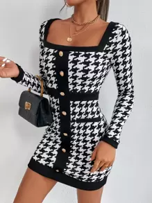 SHEIN PETITE Houndstooth Square Neck Fake Button Bodycon Dress Houndstooth Dressblack White Dresssexy Winter Dresscheckered Dress,Business Casual Woman - Black and White - View 4
