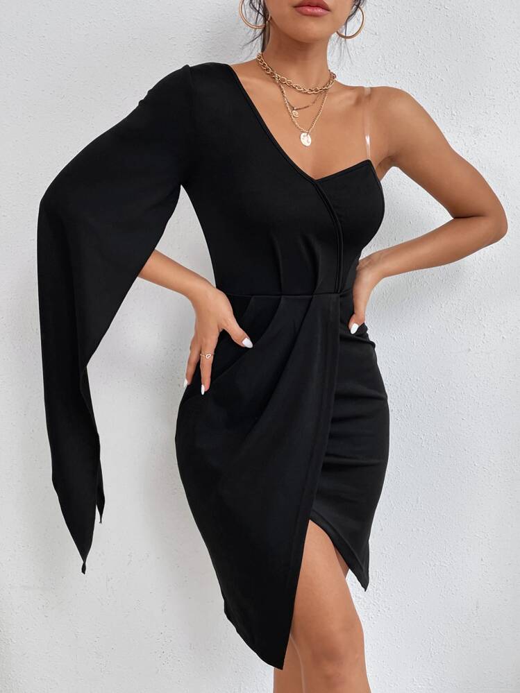 SHEIN PETITE Transparent Shoulder Strap Asymmetrical Neck Split Sleeve Wrap Hem Dress,Tea Party Dress,Summer Dresses For Women - Black - View 5