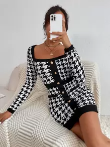 SHEIN PETITE Houndstooth Square Neck Fake Button Bodycon Dress Houndstooth Dressblack White Dresssexy Winter Dresscheckered Dress,Business Casual Woman - Black and White - View 6