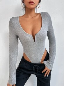 Notched Neck High Cut Bodysuit - Grey - View 5