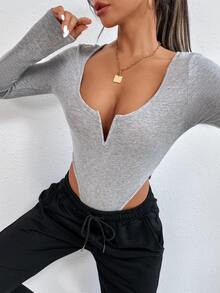 Notched Neck High Cut Bodysuit - Grey - View 6