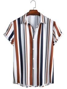 Manfinity Homme Men Random Striped Shirt Slim Fit Short Sleeve Button Up Collar Graphic Colorful Shirt - Multicolor - View 1