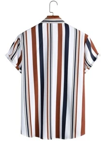 Manfinity Homme Men Random Striped Shirt Slim Fit Short Sleeve Button Up Collar Graphic Colorful Shirt - Multicolor - View 2