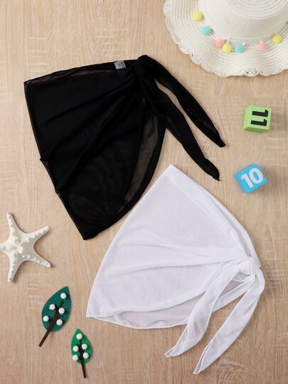 Conjunto de 2 piezas de traje de baño y cubrecuerpo para niñas, en negro y blanco, con falda y chal, para vacaciones en la playa, casual, primavera/verano