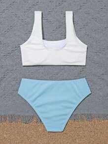 Tween Girl Color Block Ribbed Bikini Set Summer Beach - Multicolor - View 2