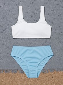 Tween Girl Color Block Ribbed Bikini Set Summer Beach - Multicolor - View 3