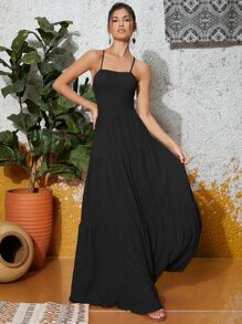 SHEIN VCAY Đầm Lộ Lưng Ren lên Viên lá sen màu trơn Gợi cảm - màu đen - Xem 3