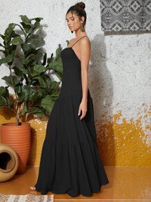 SHEIN VCAY Đầm Lộ Lưng Ren lên Viên lá sen màu trơn Gợi cảm - màu đen - Xem 4