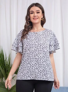 Áo sơ mi Plus Size Xù phân lớp Họa tiết hoa Boho - Đen và trắng - Xem 3