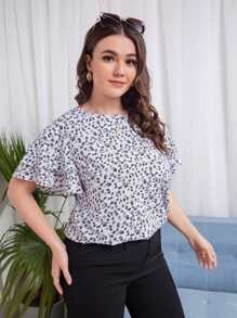 Áo sơ mi Plus Size Xù phân lớp Họa tiết hoa Boho - Đen và trắng - Xem 5